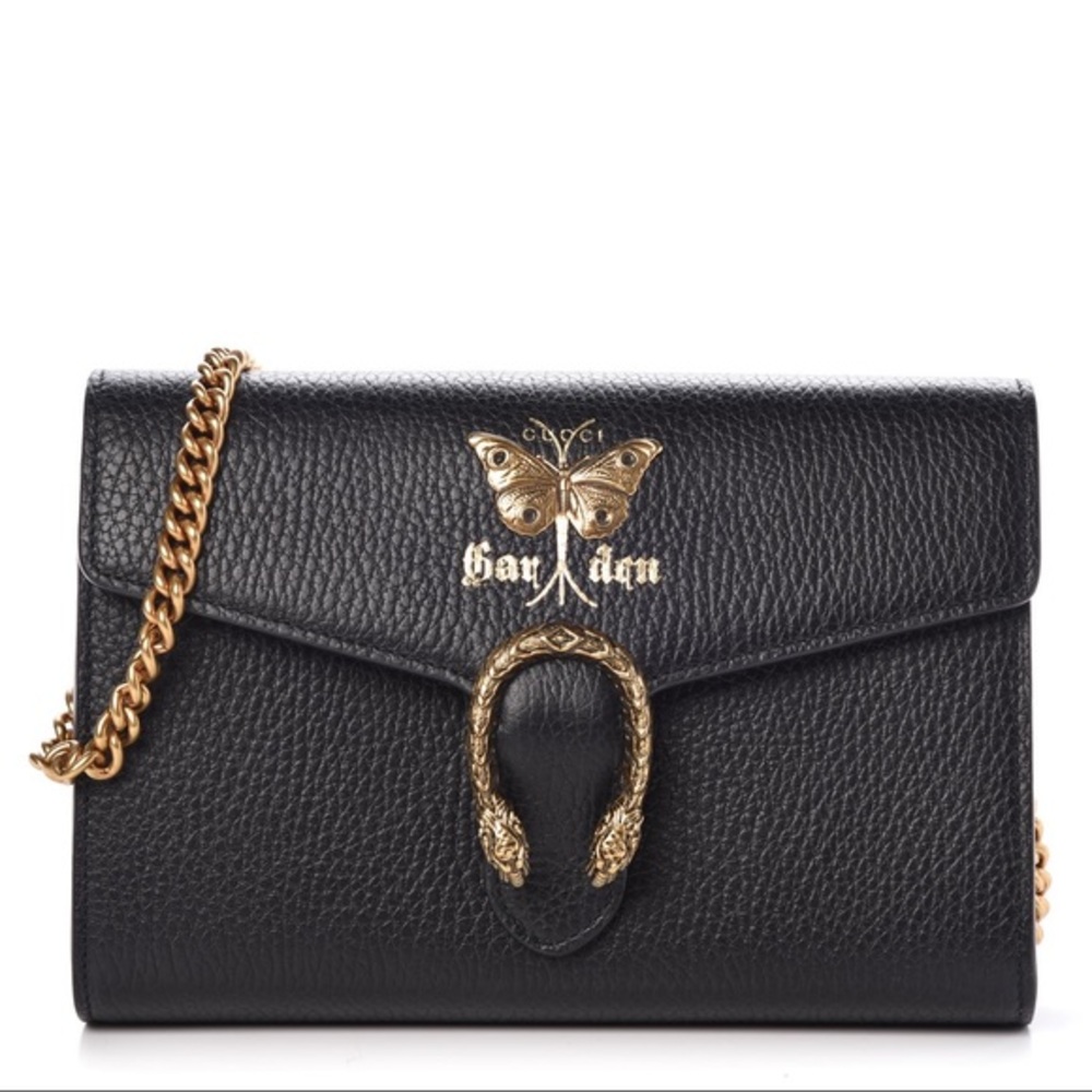 GUCCI Calfskin Garden Dionysus Chain Wallet Black
